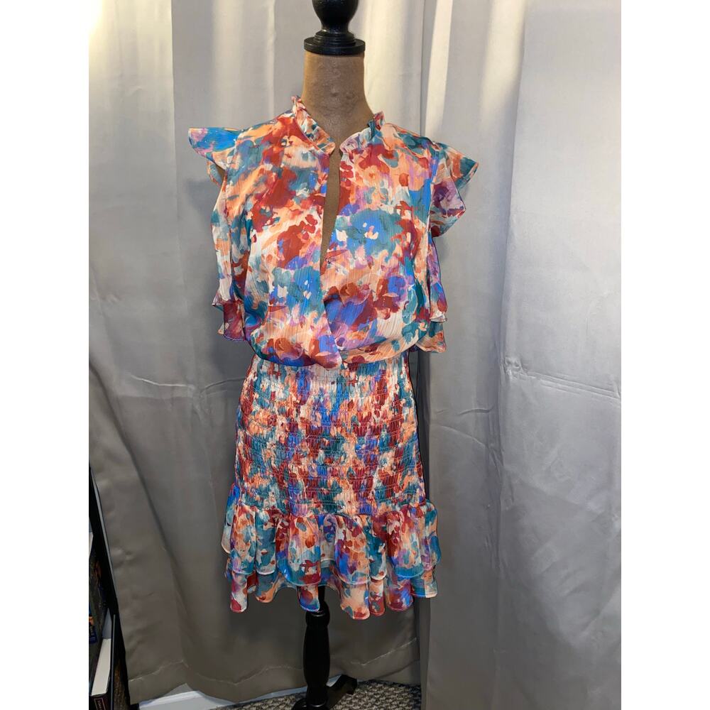 Socialite Watercolor Ruffle Sleeve Dress Size M Nordstrom NWT Smocked Mini $89